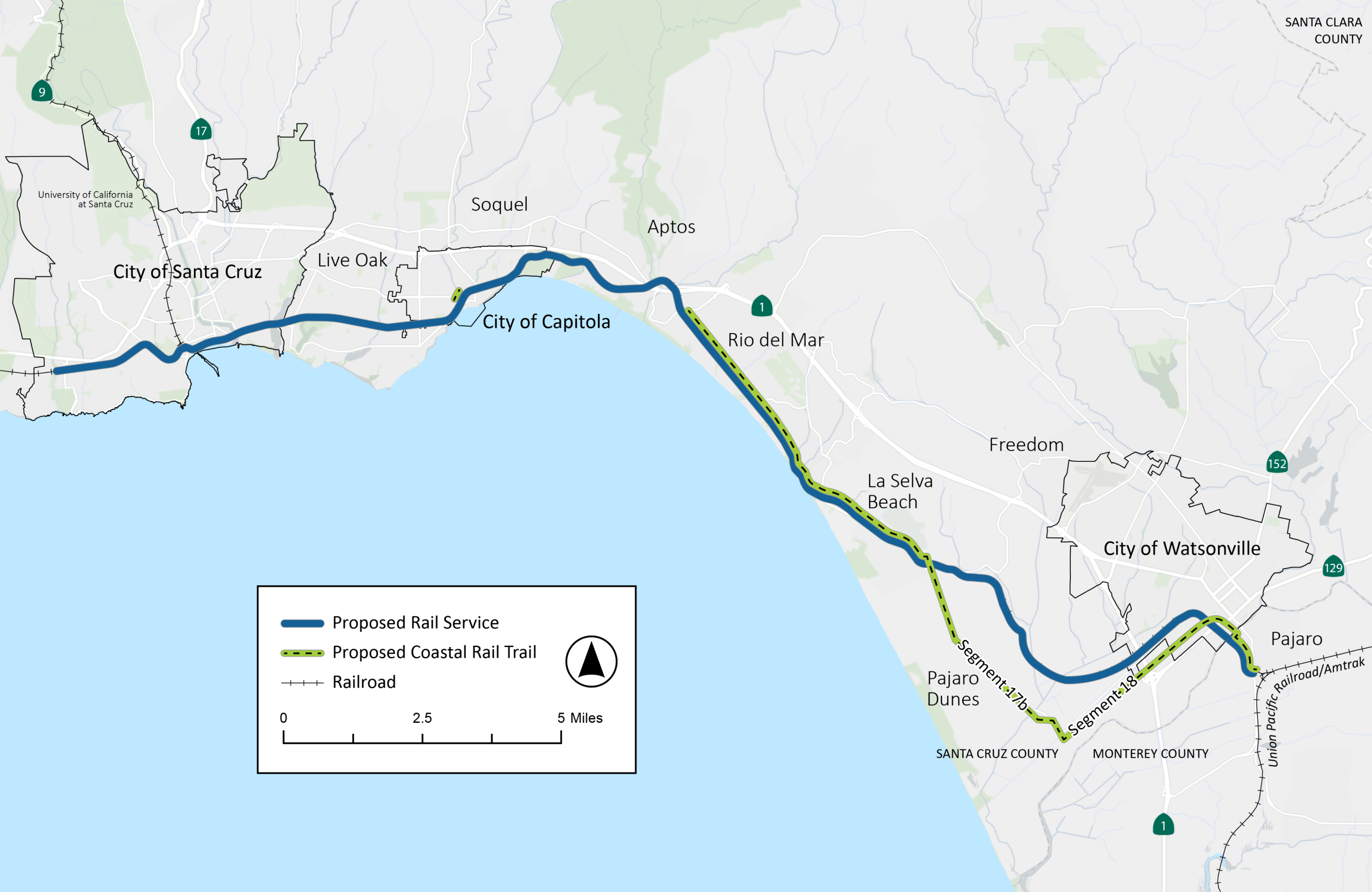 A project map showing the proposed alignment of the proposed rail service and portions of the proposed Coastal Rail Trail Segments associated with this project (Trail Segments 13-20 and Segment 11, Phase 2).